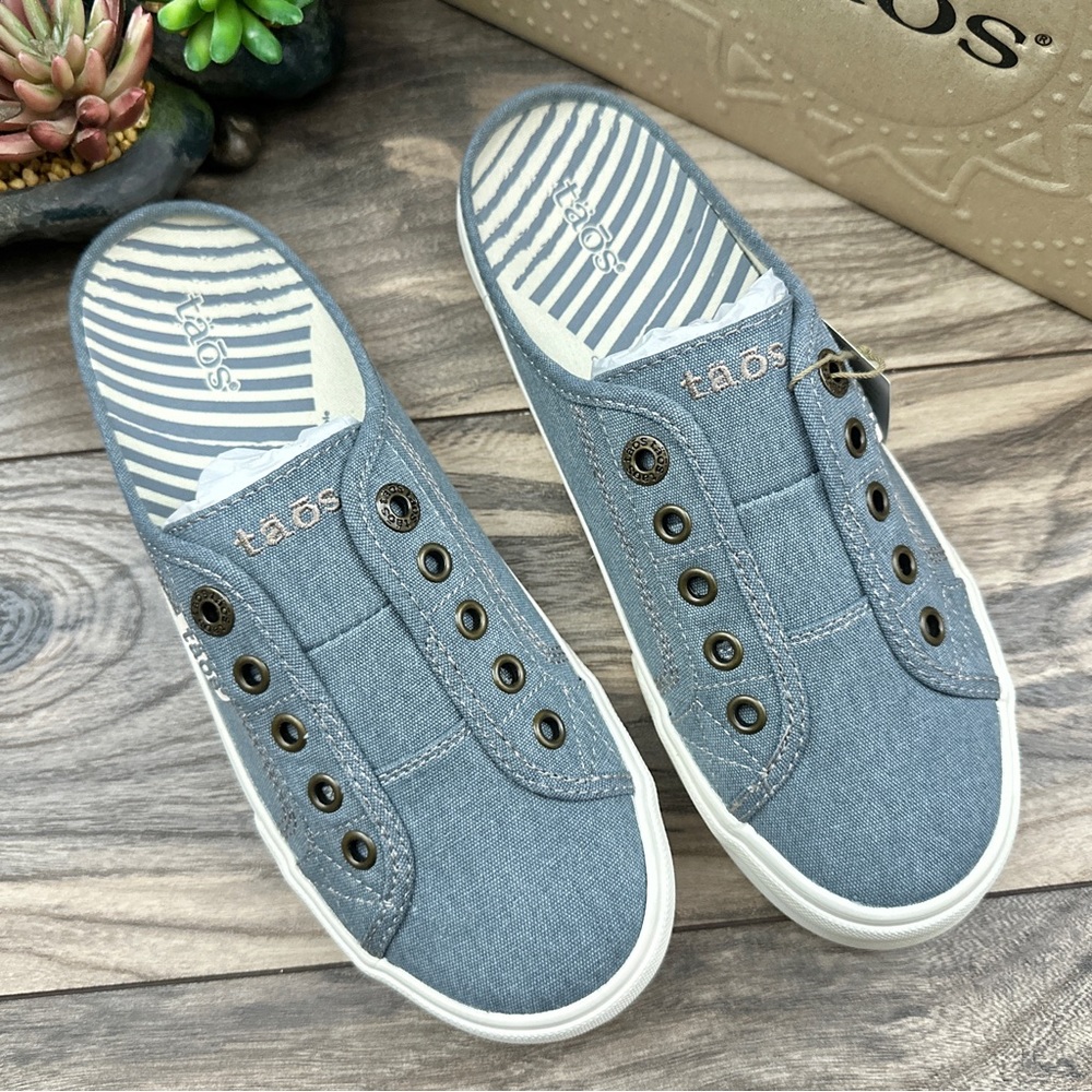 ❌SOLD OUT❌NIB Taos Footwear EZ Soul Mule Sneaker Lake Blue Wash Canvas 7.5M - Picture 3 of 12